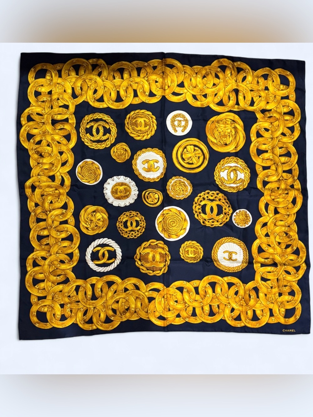CHANEL Black and Gold Chain Medallion Silk Scarf